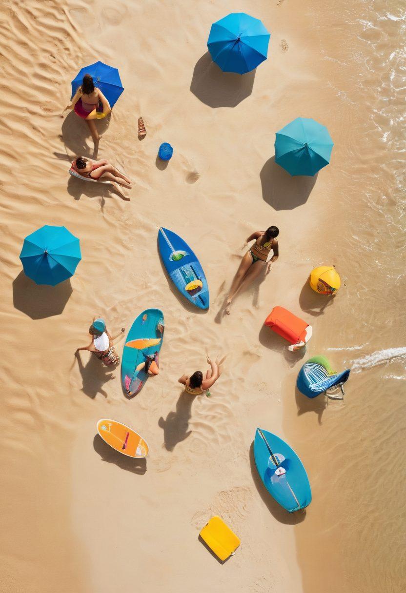 A lively beach scene featuring diverse water sports enthusiasts wearing trendy swimwear, splashing in the waves, and engaging in activities like surfing, paddle boarding, and beach volleyball. Brightly colored swimsuits should be prominent, with a background of clear blue skies and sun-kissed sand. Add elements like beach umbrellas and surfboards for a dynamic feel. tropical vibe. vibrant colors. super-realistic.