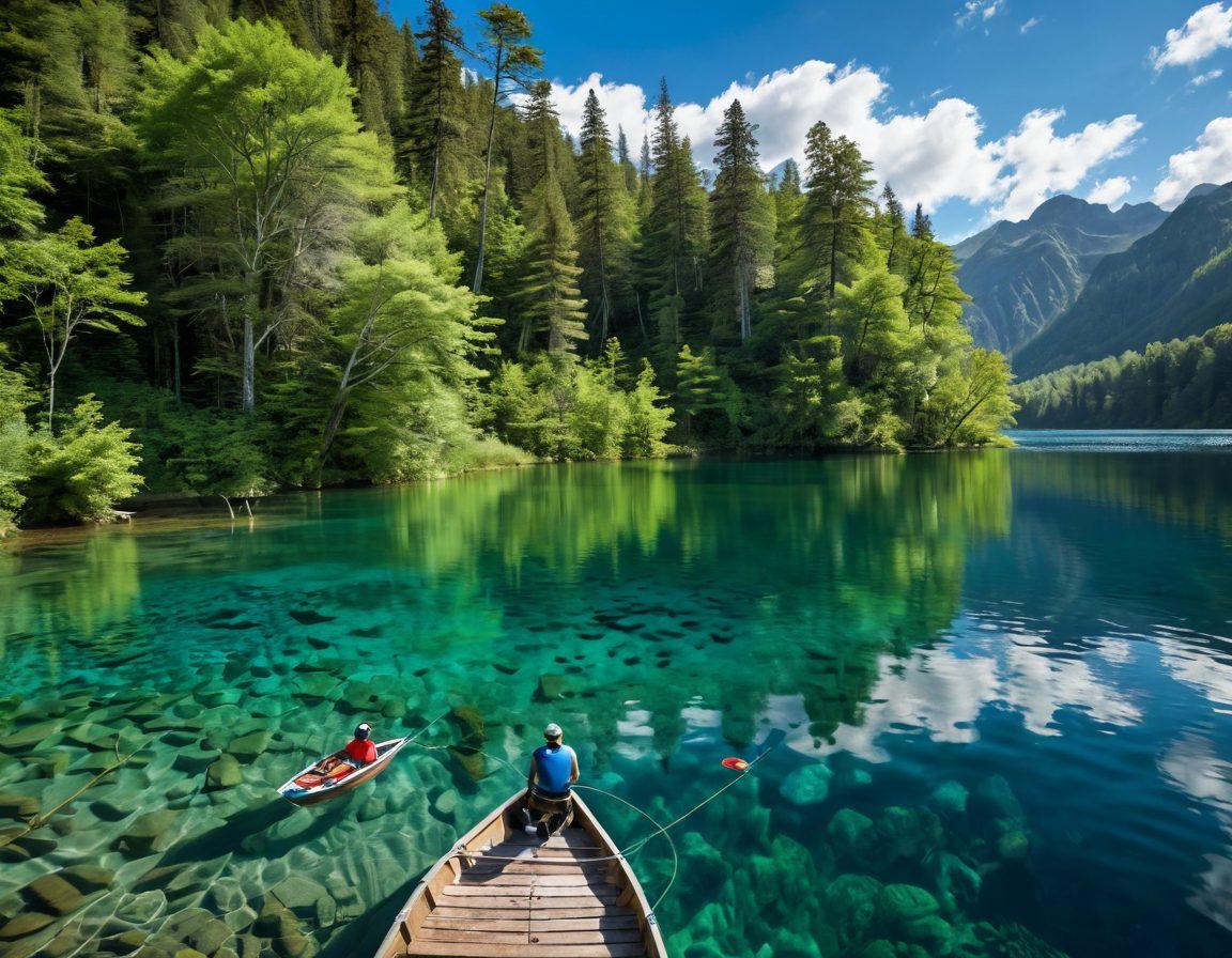A serene lakeside scene featuring a person in vibrant swimming gear diving into crystal clear water, while another person is casting a fishing line from a small boat. Surrounding them are lush green trees and mountains in the background, with a bright blue sky and fluffy clouds above. The image should evoke a sense of excitement and tranquility, highlighting the beauty of nature. super-realistic. vibrant colors. 3D.